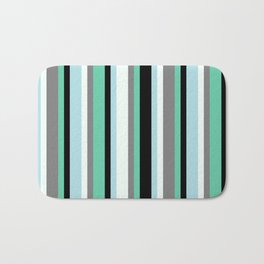 [ Thumbnail: Aquamarine, Black, Powder Blue, Mint Cream, and Gray Colored Pattern of Stripes Bath Mat ]