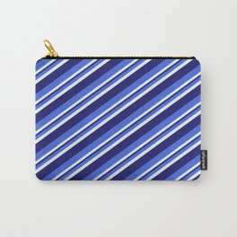 [ Thumbnail: Royal Blue, Mint Cream & Midnight Blue Colored Striped Pattern Carry-All Pouch ]