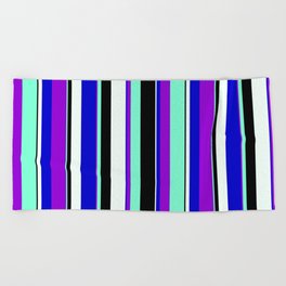 [ Thumbnail: Dark Violet, Aquamarine, Black, Mint Cream & Blue Colored Pattern of Stripes Beach Towel ]