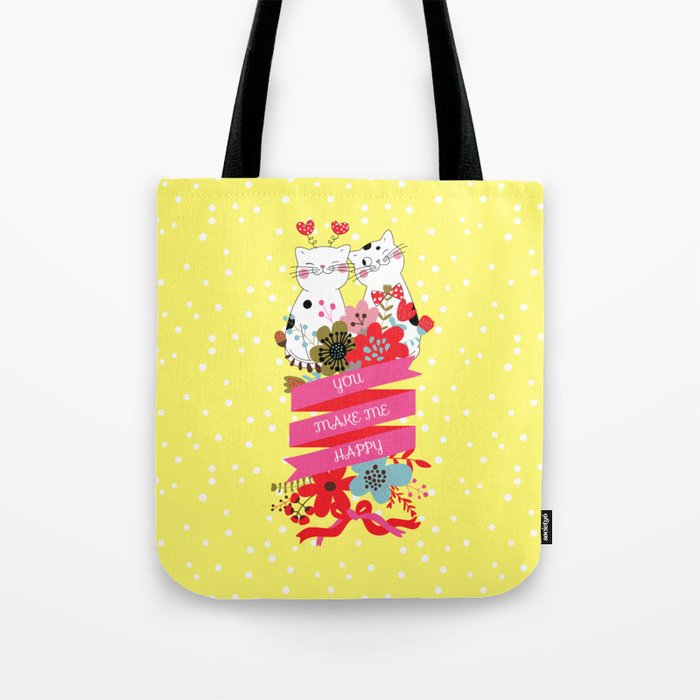 Cute Flowers Cats Sweethearts Tote Bag