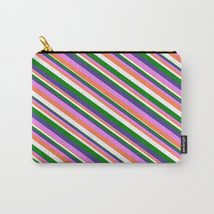 Dark Slate Blue, Violet, Coral, White, and Green Colored Lined/Striped Pattern Carry-All Pouch