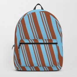 [ Thumbnail: Sky Blue & Sienna Colored Lined/Striped Pattern Backpack ]