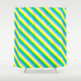 [ Thumbnail: Vibrant Yellow, Lime Green, Dark Turquoise, Light Sky Blue, and Light Yellow Colored Striped Pattern Shower Curtain ]