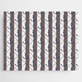 Navy Blue Anchor Pattern on White and Brown Jigsaw Puzzle