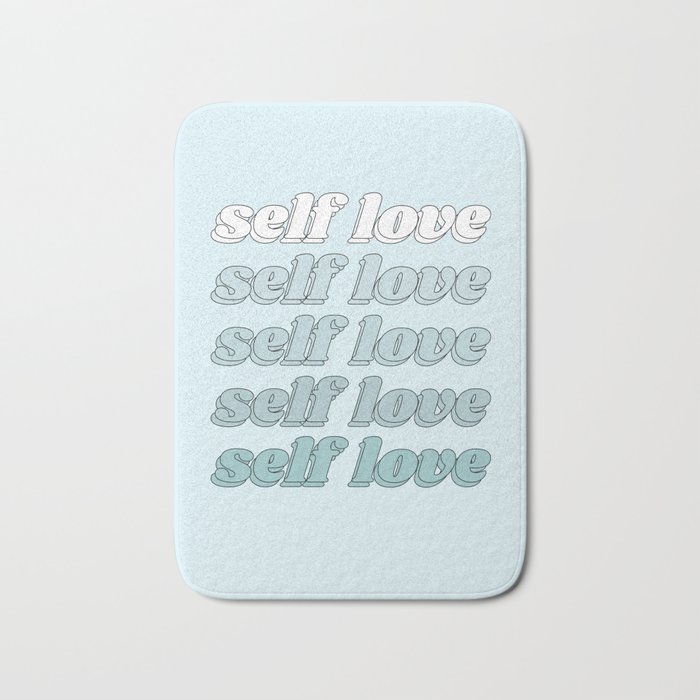 Cute Positive Quote | "Self Love" Text | Minimal & Aesthetic Blue Gradient Color Palette Bath Mat