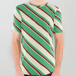[ Thumbnail: Sea Green, Dark Red, and Beige Colored Lined Pattern All Over Graphic Tee ]