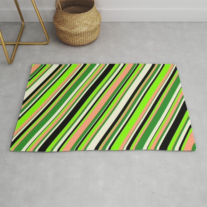 Eyecatching Chartreuse, Light Salmon, Forest Green, Beige & Black Colored Striped/Lined Pattern Rug