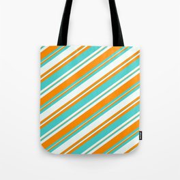 [ Thumbnail: Mint Cream, Dark Orange & Turquoise Colored Lined/Striped Pattern Tote Bag ]