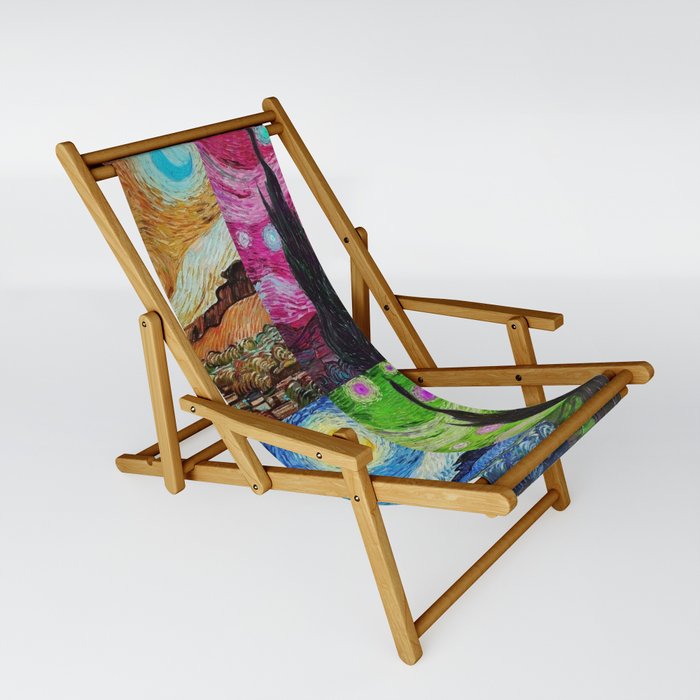 The Starry Night - La Nuit étoilée oil-on-canvas post-impressionist landscape masterpiece painting in alternate four-color collage gold, pink, blue, and green by Vincent van Gogh Sling Chair