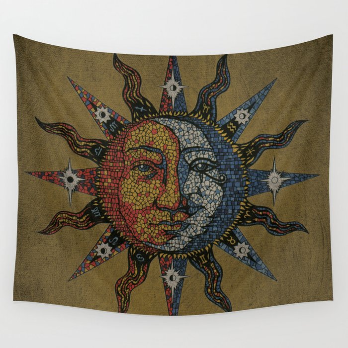 Vintage Celestial Mosaic Sun & Moon Wall Tapestry