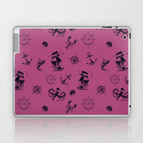 Magenta And Blue Silhouettes Of Vintage Nautical Pattern Laptop & iPad Skin