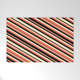 [ Thumbnail: Red, Black & Light Yellow Colored Striped Pattern Welcome Mat ]