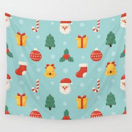 Christmas Seamless Pattern Isolated on Blue Background Wall Tapestry