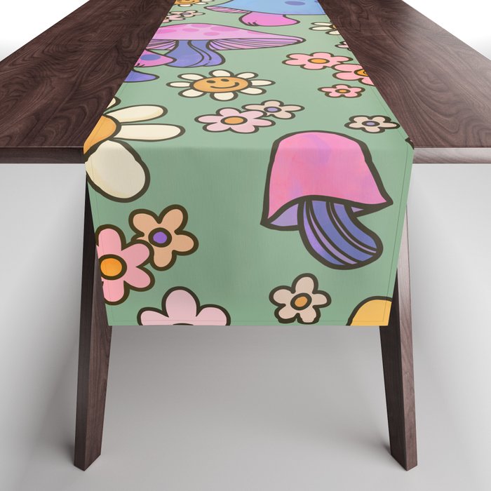 happy daisy mushroom field  Table Runner