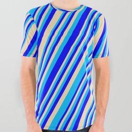 [ Thumbnail: Blue, Tan, and Deep Sky Blue Colored Lined/Striped Pattern All Over Graphic Tee ]