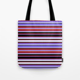 [ Thumbnail: Red, Medium Slate Blue, Lavender, and Black Colored Stripes/Lines Pattern Tote Bag ]