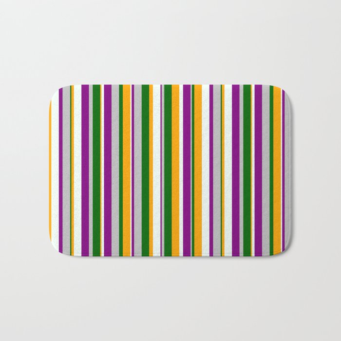 Colorful Grey, Purple, Mint Cream, Orange, and Dark Green Colored Stripes/Lines Pattern Bath Mat