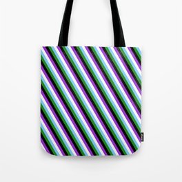 [ Thumbnail: Eye-catching Dark Orchid, White, Light Sky Blue, Forest Green, and Black Colored Stripes Pattern Tote Bag ]