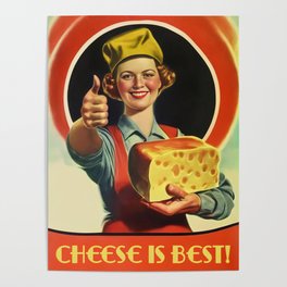 Young retro woman holding huge piece of Emmental cheese and smiling a nostalgic and vintage Poster