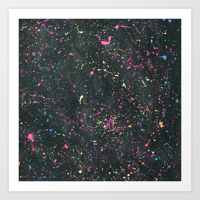 Colorful Neon Splatter on Black Sparkly Background Art Print