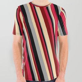 [ Thumbnail: Eye-catching Crimson, Maroon, Tan, Dark Gray, and Black Colored Lines/Stripes Pattern All Over Graphic Tee ]