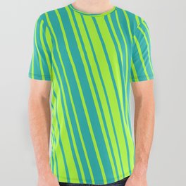[ Thumbnail: Light Sea Green & Light Green Colored Stripes/Lines Pattern All Over Graphic Tee ]