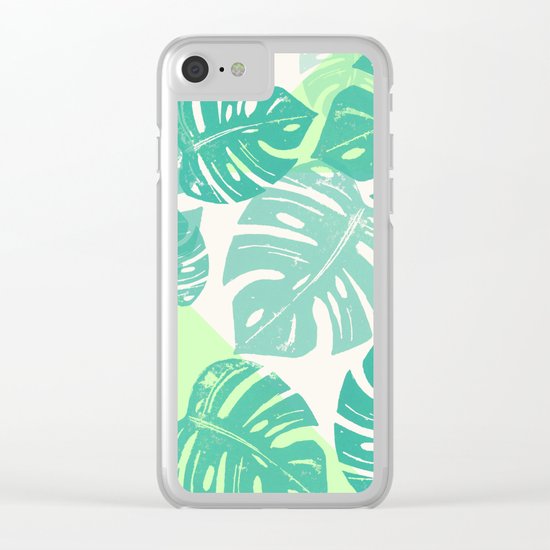 Linocut Monstera Green Clear iPhone Case