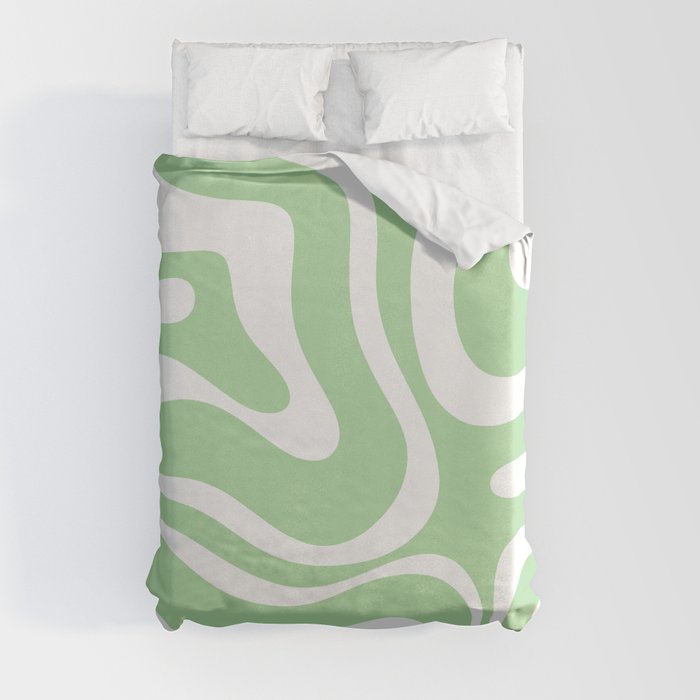 Modern Retro Liquid Swirl Abstract Pattern in Light Matcha Tea Green and White Duvet Cover