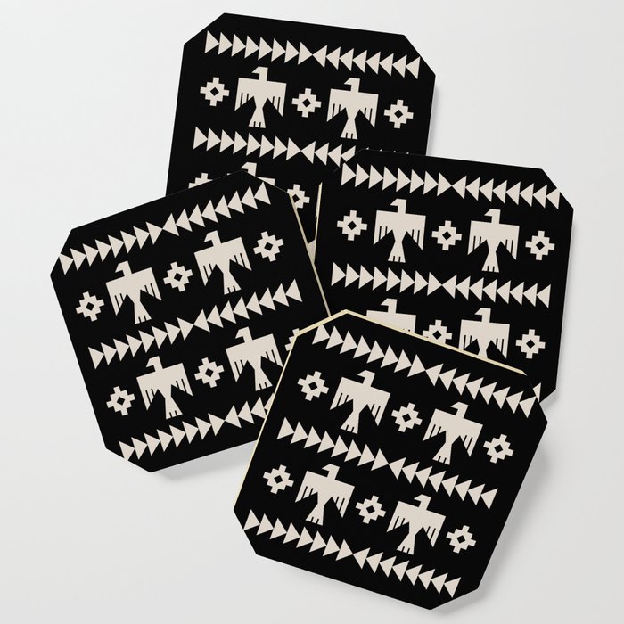 Southwestern Eagle and Arrow Pattern 121 Black and Linen White Coaster