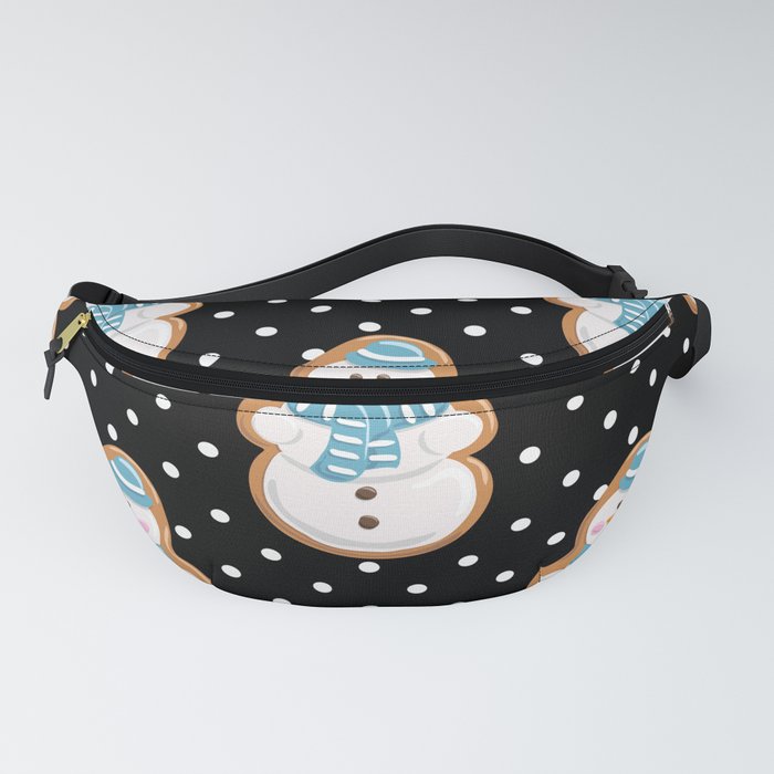Christmas Gingerbread Seamless Pattern. Snowman Ginger Cookies on Polka Dot Black Background Fanny Pack