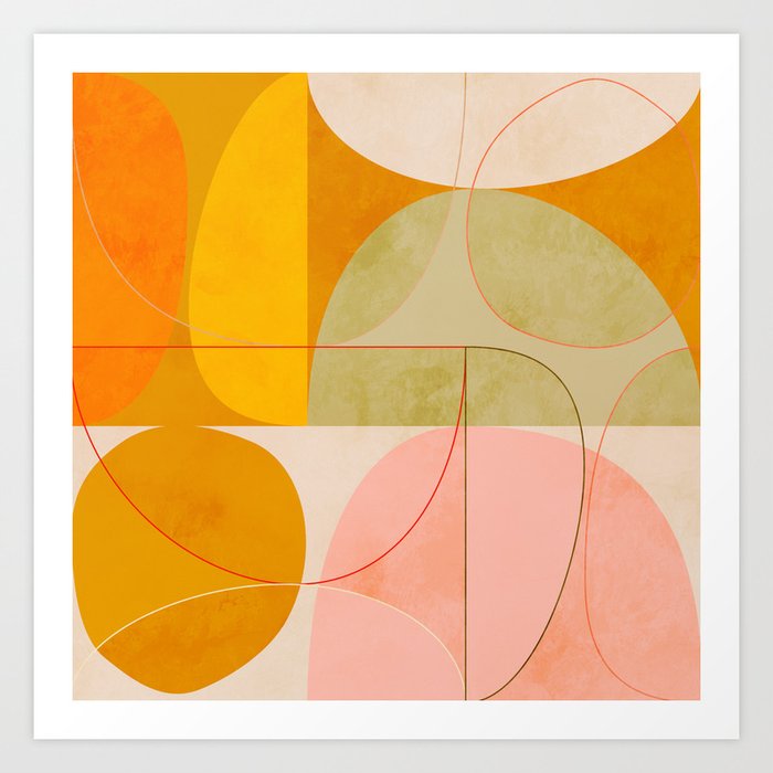 mid century geometric lines curry pink abstract art Art Print