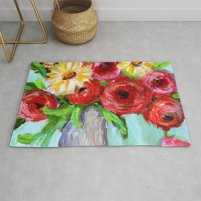Red Roses and Yellow Daisies Rug