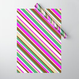 [ Thumbnail: Eye-catching Sea Green, White, Fuchsia, Pale Goldenrod, and Brown Colored Lined/Striped Pattern Wrapping Paper ]