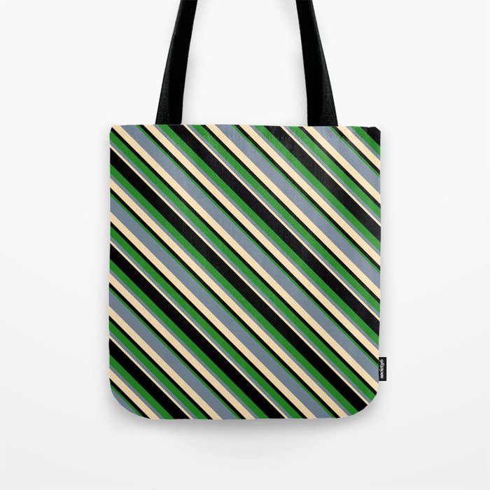 Light Slate Gray, Beige, Black, and Forest Green Colored Lined Pattern Tote Bag