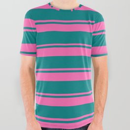 [ Thumbnail: Hot Pink and Teal Colored Stripes/Lines Pattern All Over Graphic Tee ]