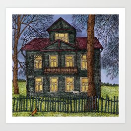  Autumn landscape. Country house. Digital painting. Art Print | Painting, Print, Landscape, Cheerful, Color, Bright, Beautiful, House, Kind, Art 