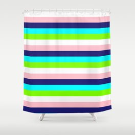 [ Thumbnail: Pink, Midnight Blue, Cyan, Chartreuse, and White Colored Lined/Striped Pattern Shower Curtain ]