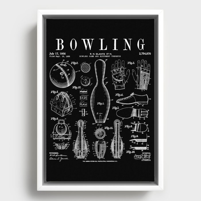 Bowling Pin Ball Bowler Retro Vintage Patent Print Framed Canvas