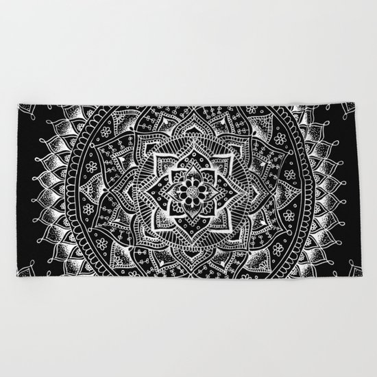 White Flower Mandala on Black Beach Towel
