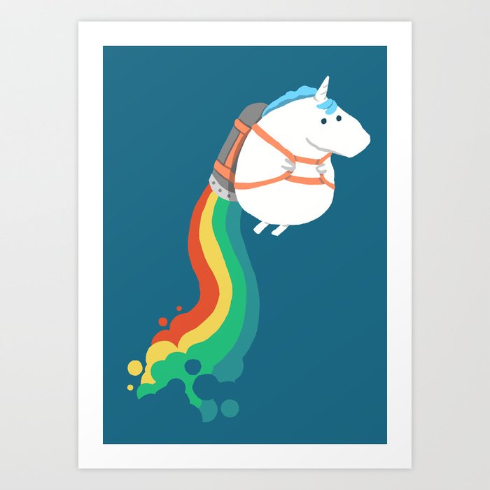 Fat Unicorn on Rainbow Jetpack Art Print