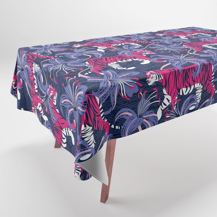 Tigers in a tiger lily garden // textured navy blue background fuchsia pink wild animals very peri flowers Tablecloth