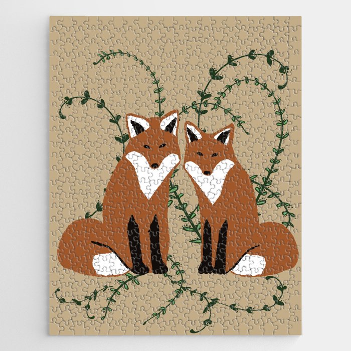 Red Foxes foliage leaves mid tones with redbrown Foxes Jigsaw Puzzle