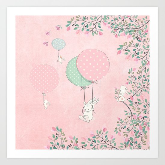 Cute flying Bunny with Balloon and Flower Rabbit Animal on pink floral backround Art Print