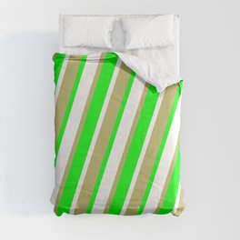 [ Thumbnail: Lime, White, and Dark Khaki Colored Lines/Stripes Pattern Comforter ]