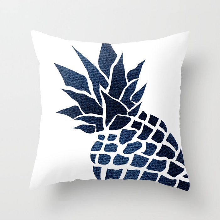 Pineapple Big Blue Denim Navy Throw Pillow by Megan Morris