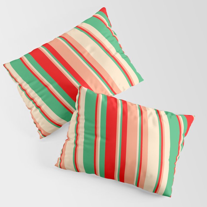 Red, Sea Green, Bisque & Light Salmon Colored Lines/Stripes Pattern Pillow Sham