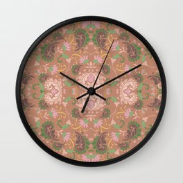 fawn brown pink and green harvest florals bold paisley flower bohemian  Wall Clock