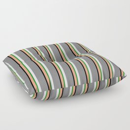 [ Thumbnail: Light Salmon, Black, Grey, Lavender, and Forest Green Colored Stripes Pattern Floor Pillow ]