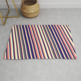[ Thumbnail: Light Coral, Midnight Blue, Dim Grey, and Light Yellow Colored Stripes Pattern Rug ]