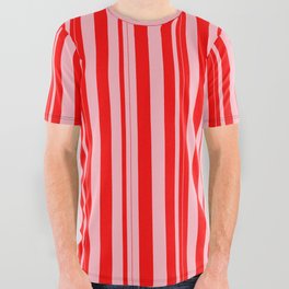 [ Thumbnail: Light Pink & Red Colored Lines Pattern All Over Graphic Tee ]